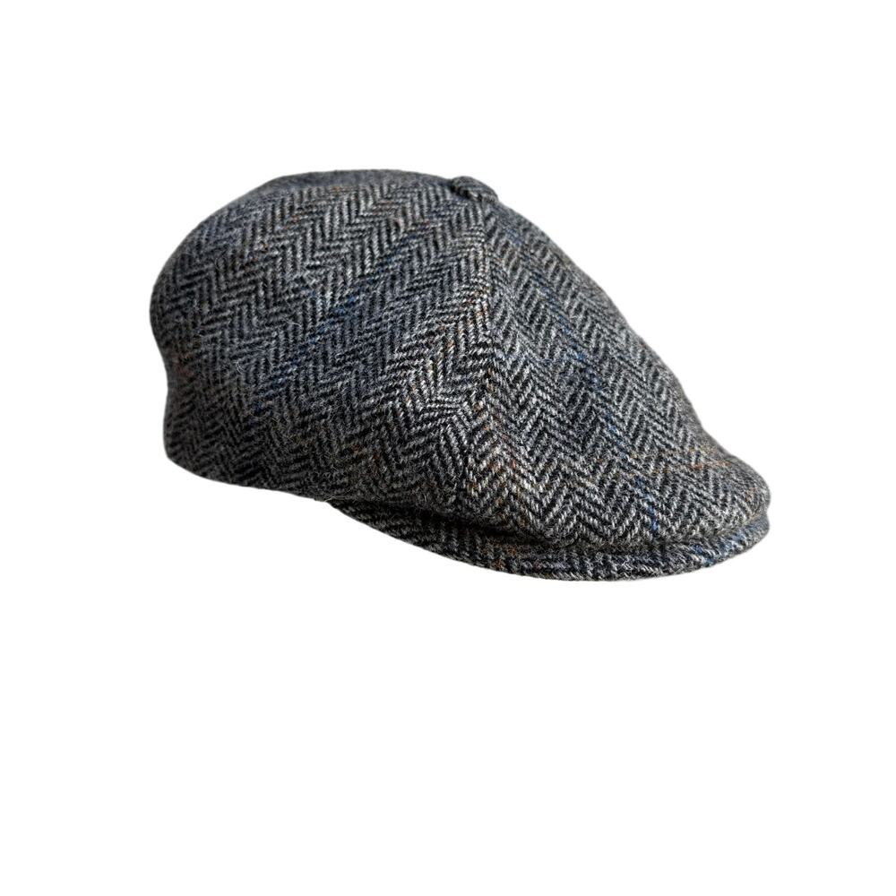 Harris Tweed Herringbone Newsboy Cap Bates 1898 US 7 1/2 Wool Hat Gray Black